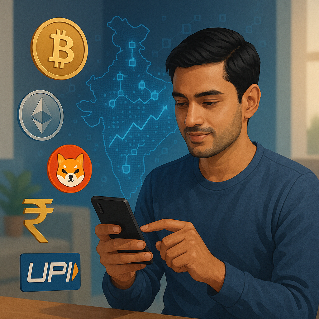 भारत में क्रिप्टो खरीदता हुआ युवा, पास में बिटकॉइन, एथेरियम और डिजिटल भारत नक्शा