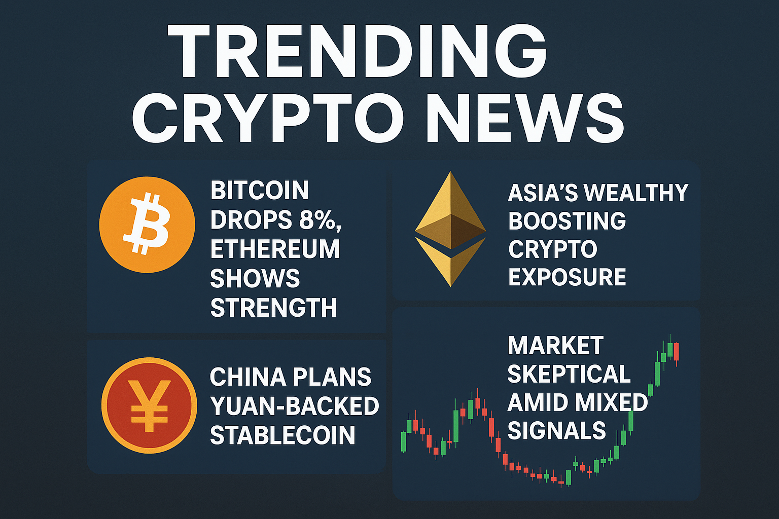Trending Crypto News – Bitcoin drop, Ethereum rise, China stablecoin, and Asian investors’ crypto exposure