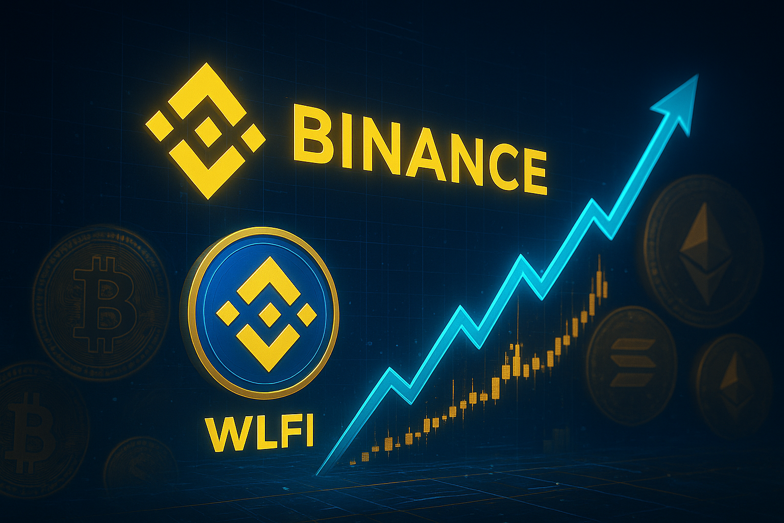 Binance WLFI Token Listing illustration showing Binance logo, WLFI coin, Bitcoin, Ethereum, Solana and rising market chart.