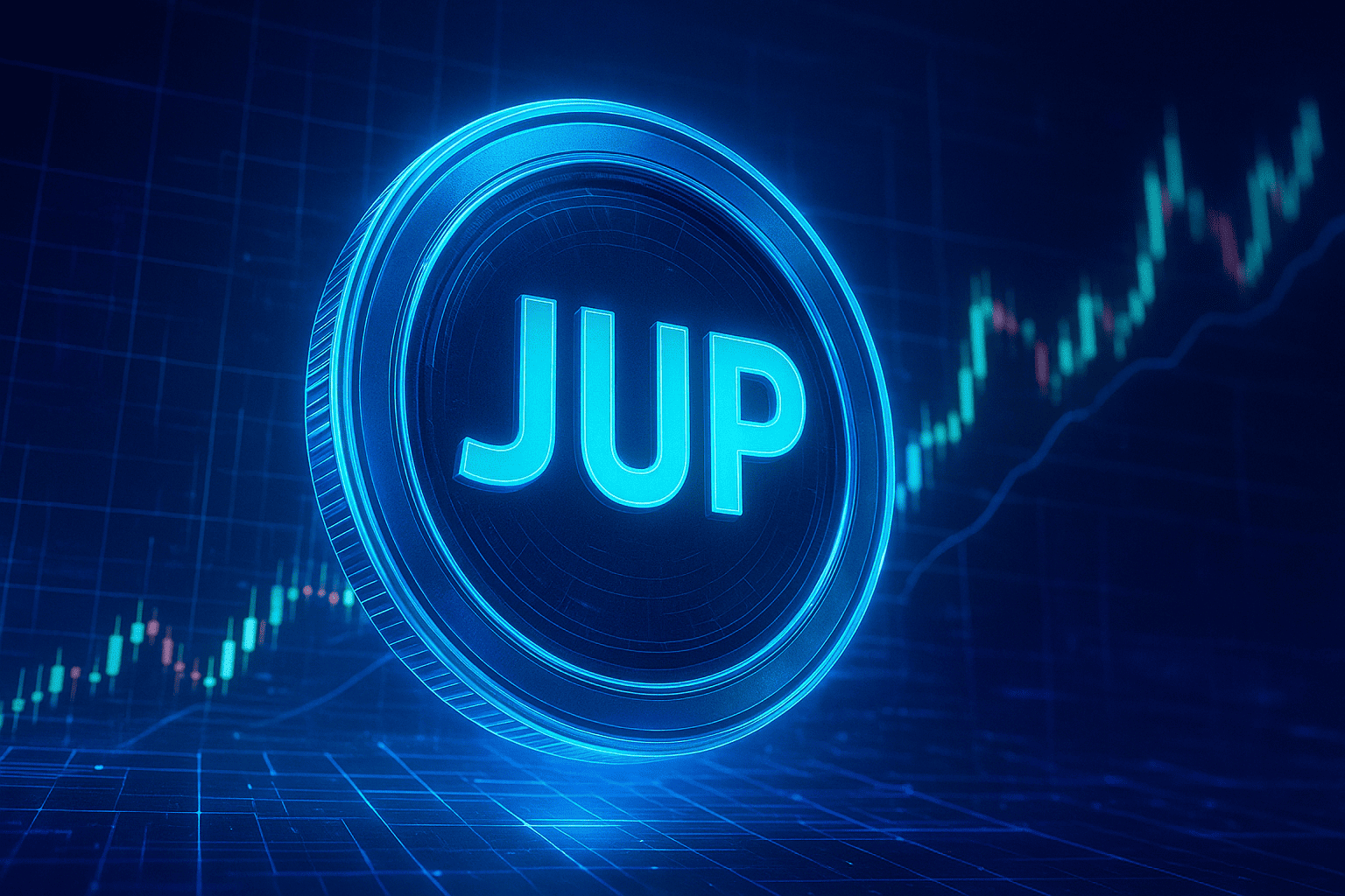 Jupiter (JUP) Coin futuristic 3D representation on Solana blockchain with crypto trading graph in background